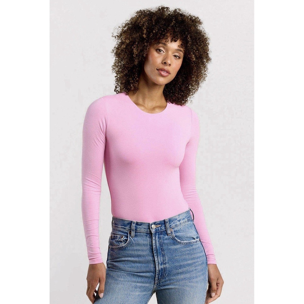 Nuuds Long Sleeve Crew Neck Thong Bodysuit Size M Bubblegum Pink Cotton Stretch